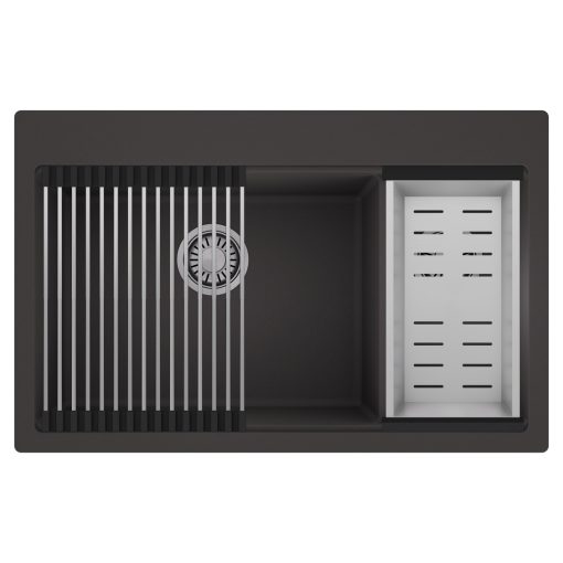 HD Aspen Antracit 78 kétmedencés gránit mosogatótálca szett, acél csepegtetőráccsal és kosárral, matt antracit színben, szálcsiszolt króm leeresztő szifonnal