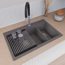 HD Aspen Antracit 78 kétmedencés gránit mosogatótálca szett, acél csepegtetőráccsal és kosárral, matt antracit színben, szálcsiszolt króm leeresztő szifonnal