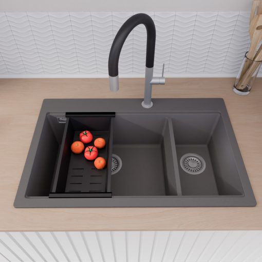 HD Aspen Antracit 78 kétmedencés gránit mosogatótálca szett, vágódeszkával, matt fekete csepegtetőráccsal és kosárral, matt antracit színben, szálcsiszolt króm leeresztő szifonnal