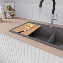 HD Aspen Antracit 78 kétmedencés gránit mosogatótálca szett, vágódeszkával, acél csepegtetőráccsal és matt fekete kosárral, matt antracit színben, szálcsiszolt króm leeresztő szifonnal