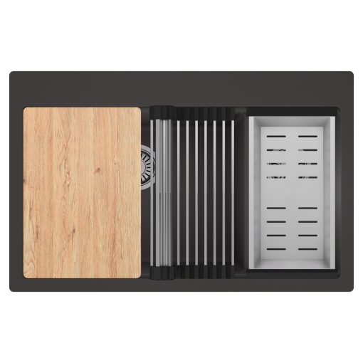 HD Aspen Antracit 78 kétmedencés gránit mosogatótálca szett, vágódeszkával, acél csepegtetőráccsal és kosárral, matt antracit színben, szálcsiszolt króm leeresztő szifonnal