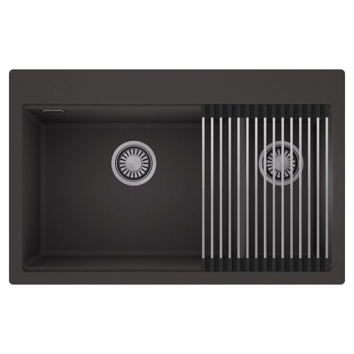HD Aspen Antracit 78 kétmedencés gránit mosogatótálca szett, acél csepegtetőráccsal, matt antracit színben, szálcsiszolt króm leeresztő szifonnal