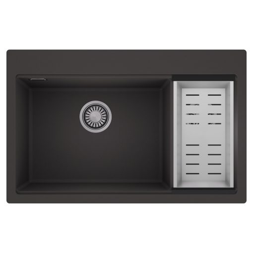 HD Aspen Antracit 78 kétmedencés gránit mosogatótálca szett, acél csepegtetőkosárral, matt antracit színben, szálcsiszolt króm leeresztő szifonnal