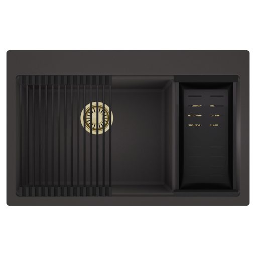 HD Aspen Antracit 78 kétmedencés gránit mosogatótálca szett, matt fekete csepegtetőráccsal és kosárral, matt antracit színben, szálcsiszolt arany leeresztő szifonnal