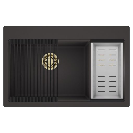 HD Aspen Antracit 78 kétmedencés gránit mosogatótálca szett, matt fekete csepegtetőráccsal és krómozott kosárral, matt antracit színben, szálcsiszolt arany leeresztő szifonnal