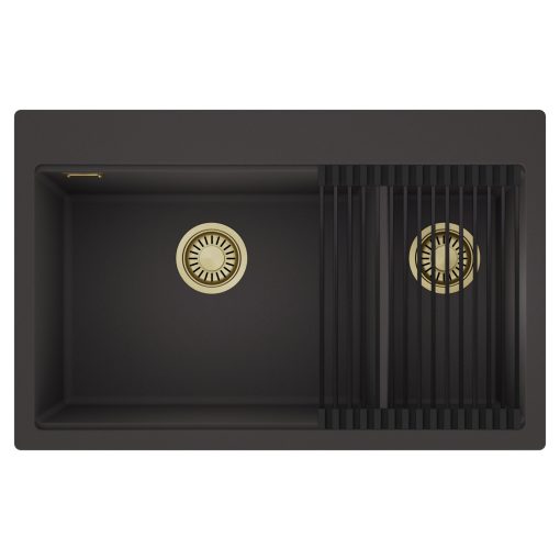HD Aspen Antracit 78 kétmedencés gránit mosogatótálca szett, matt fekete csepegtetőráccsal, matt antracit színben, szálcsiszolt arany leeresztő szifonnal