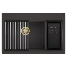 HD Aspen Antracit 78 kétmedencés gránit mosogatótálca szett, acél csepegtetőráccsal és matt fekete kosárral, matt antracit színben, szálcsiszolt arany leeresztő szifonnal