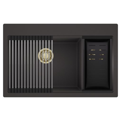 HD Aspen Antracit 78 kétmedencés gránit mosogatótálca szett, acél csepegtetőráccsal és matt fekete kosárral, matt antracit színben, szálcsiszolt arany leeresztő szifonnal