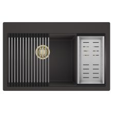 HD Aspen Antracit 78 kétmedencés gránit mosogatótálca szett, acél csepegtetőráccsal és kosárral, matt antracit színben, szálcsiszolt arany leeresztő szifonnal