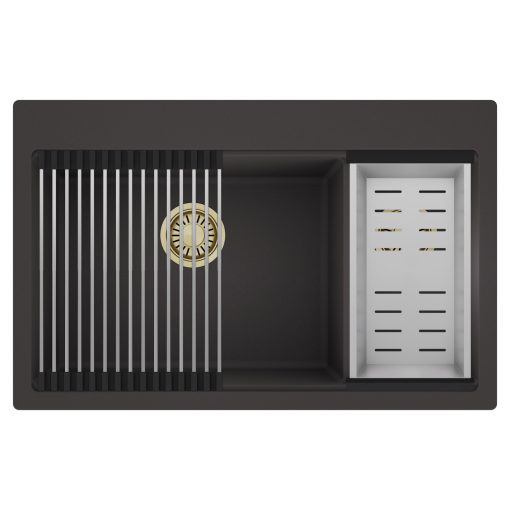HD Aspen Antracit 78 kétmedencés gránit mosogatótálca szett, acél csepegtetőráccsal és kosárral, matt antracit színben, szálcsiszolt arany leeresztő szifonnal