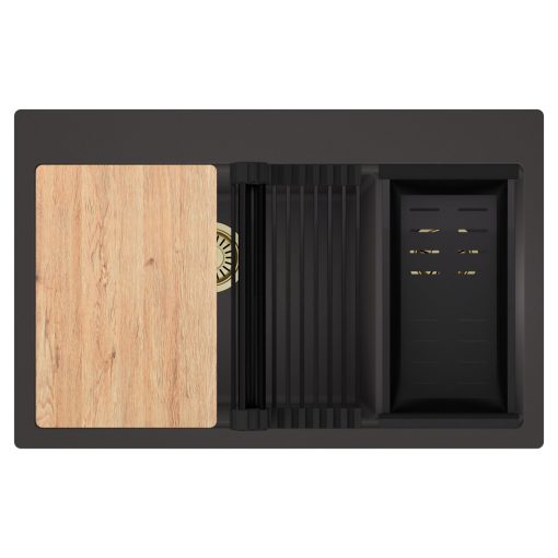 HD Aspen Antracit 78 kétmedencés gránit mosogatótálca szett, vágódeszkával, matt fekete csepegtetőráccsal és kosárral, matt antracit színben, szálcsiszolt arany leeresztő szifonnal