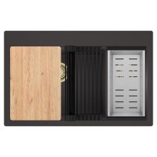 HD Aspen Antracit 78 kétmedencés gránit mosogatótálca szett, vágódeszkával, matt fekete csepegtetőráccsal és krómozott kosárral, matt antracit színben, szálcsiszolt arany leeresztő szifonnal