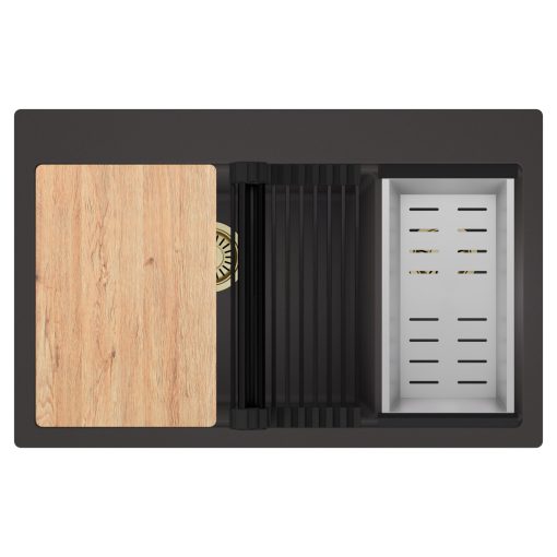 HD Aspen Antracit 78 kétmedencés gránit mosogatótálca szett, vágódeszkával, matt fekete csepegtetőráccsal és krómozott kosárral, matt antracit színben, szálcsiszolt arany leeresztő szifonnal