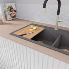 HD Aspen Antracit 78 kétmedencés gránit mosogatótálca szett, vágódeszkával, matt fekete csepegtetőráccsal és krómozott kosárral, matt antracit színben, szálcsiszolt arany leeresztő szifonnal