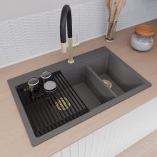 HD Aspen Antracit 78 kétmedencés gránit mosogatótálca szett, vágódeszkával, matt fekete csepegtetőráccsal és krómozott kosárral, matt antracit színben, szálcsiszolt arany leeresztő szifonnal