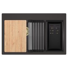 HD Aspen Antracit 78 kétmedencés gránit mosogatótálca szett, vágódeszkával, acél csepegtetőráccsal és matt fekete kosárral, matt antracit színben, szálcsiszolt arany leeresztő szifonnal