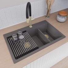 HD Aspen Antracit 78 kétmedencés gránit mosogatótálca szett, vágódeszkával, acél csepegtetőráccsal és matt fekete kosárral, matt antracit színben, szálcsiszolt arany leeresztő szifonnal