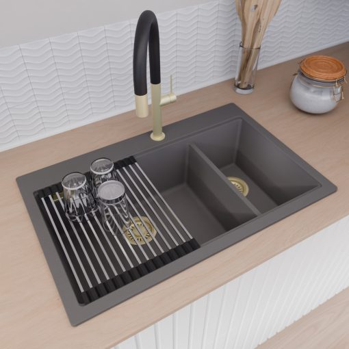 HD Aspen Antracit 78 kétmedencés gránit mosogatótálca szett, vágódeszkával, acél csepegtetőráccsal és matt fekete kosárral, matt antracit színben, szálcsiszolt arany leeresztő szifonnal