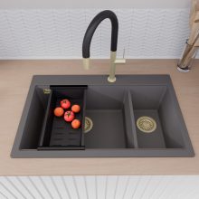 HD Aspen Antracit 78 kétmedencés gránit mosogatótálca szett, vágódeszkával, acél csepegtetőráccsal és matt fekete kosárral, matt antracit színben, szálcsiszolt arany leeresztő szifonnal