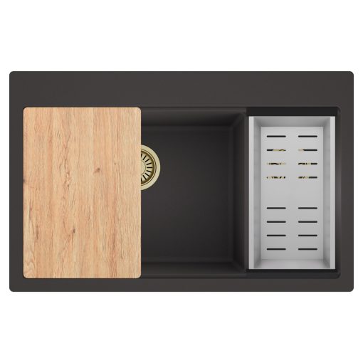 HD Aspen Antracit 78 kétmedencés gránit mosogatótálca szett, vágódeszkával, acél csepegtetőkosárral, matt antracit színben, szálcsiszolt arany leeresztő szifonnal
