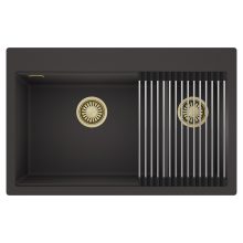 HD Aspen Antracit 78 kétmedencés gránit mosogatótálca szett, acél csepegtetőráccsal, matt antracit színben, szálcsiszolt arany leeresztő szifonnal