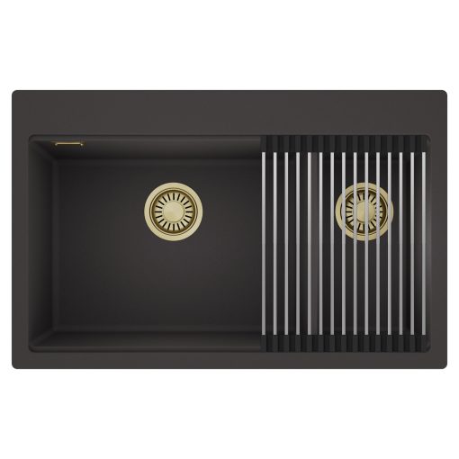 HD Aspen Antracit 78 kétmedencés gránit mosogatótálca szett, acél csepegtetőráccsal, matt antracit színben, szálcsiszolt arany leeresztő szifonnal