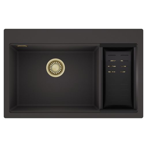 HD Aspen Antracit 78 kétmedencés gránit mosogatótálca szett, matt fekete csepegtetőkosárral, matt antracit színben, szálcsiszolt arany leeresztő szifonnal