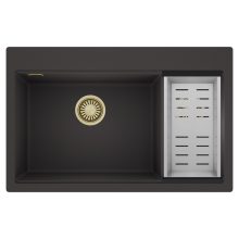 HD Aspen Antracit 78 kétmedencés gránit mosogatótálca szett, acél csepegtetőkosárral, matt antracit színben, szálcsiszolt arany leeresztő szifonnal