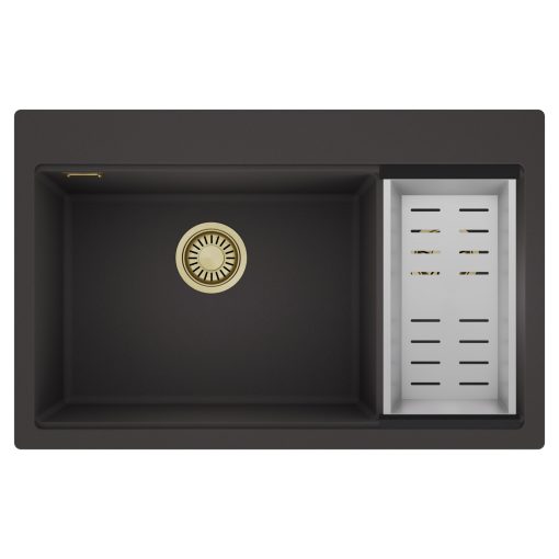 HD Aspen Antracit 78 kétmedencés gránit mosogatótálca szett, acél csepegtetőkosárral, matt antracit színben, szálcsiszolt arany leeresztő szifonnal