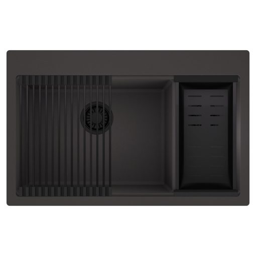 HD Aspen Antracit 78 kétmedencés gránit mosogatótálca szett, matt fekete csepegtetőráccsal és kosárral, matt antracit színben, matt fekete leeresztő szifonnal