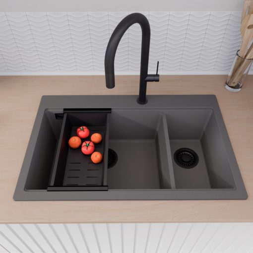 HD Aspen Antracit 78 kétmedencés gránit mosogatótálca szett, matt fekete csepegtetőráccsal és kosárral, matt antracit színben, matt fekete leeresztő szifonnal