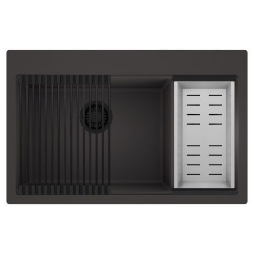 HD Aspen Antracit 78 kétmedencés gránit mosogatótálca szett, matt fekete csepegtetőráccsal és krómozott kosárral, matt antracit színben, matt fekete leeresztő szifonnal