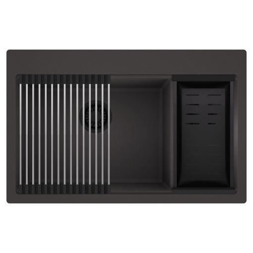 HD Aspen Antracit 78 kétmedencés gránit mosogatótálca szett, acél csepegtetőráccsal és matt fekete kosárral, matt antracit színben, matt fekete leeresztő szifonnal