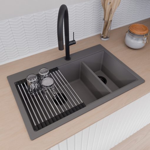 HD Aspen Antracit 78 kétmedencés gránit mosogatótálca szett, acél csepegtetőráccsal és matt fekete kosárral, matt antracit színben, matt fekete leeresztő szifonnal