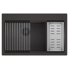 HD Aspen Antracit 78 kétmedencés gránit mosogatótálca szett, acél csepegtetőráccsal és kosárral, matt antracit színben, matt fekete leeresztő szifonnal