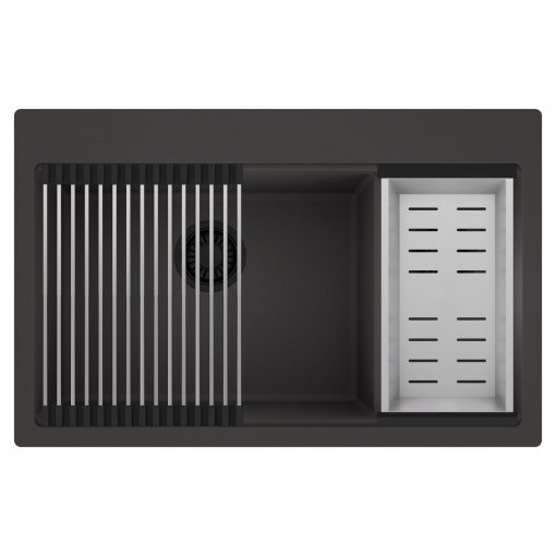 HD Aspen Antracit 78 kétmedencés gránit mosogatótálca szett, acél csepegtetőráccsal és kosárral, matt antracit színben, matt fekete leeresztő szifonnal