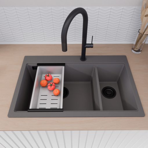 HD Aspen Antracit 78 kétmedencés gránit mosogatótálca szett, vágódeszkával, matt fekete csepegtetőráccsal és krómozott kosárral, matt antracit színben, matt fekete leeresztő szifonnal