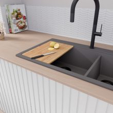 HD Aspen Antracit 78 kétmedencés gránit mosogatótálca szett, vágódeszkával, matt fekete csepegtetőráccsal, matt antracit színben, matt fekete leeresztő szifonnal