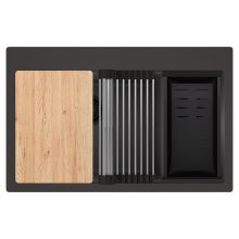 HD Aspen Antracit 78 kétmedencés gránit mosogatótálca szett, vágódeszkával, acél csepegtetőráccsal és matt fekete kosárral, matt antracit színben, matt fekete leeresztő szifonnal