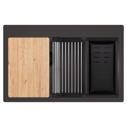 HD Aspen Antracit 78 kétmedencés gránit mosogatótálca szett, vágódeszkával, acél csepegtetőráccsal és matt fekete kosárral, matt antracit színben, matt fekete leeresztő szifonnal