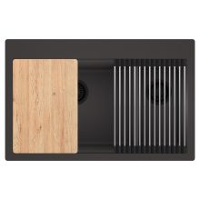 HD Aspen Antracit 78 kétmedencés gránit mosogatótálca szett, vágódeszkával, acél csepegtetőráccsal, matt antracit színben, matt fekete leeresztő szifonnal