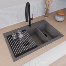 HD Aspen Antracit 78 kétmedencés gránit mosogatótálca szett, vágódeszkával, acél csepegtetőráccsal, matt antracit színben, matt fekete leeresztő szifonnal