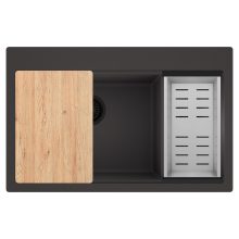 HD Aspen Antracit 78 kétmedencés gránit mosogatótálca szett, vágódeszkával, acél csepegtetőkosárral, matt antracit színben, matt fekete leeresztő szifonnal