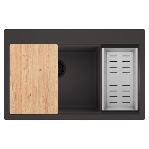 HD Aspen Antracit 78 kétmedencés gránit mosogatótálca szett, vágódeszkával, acél csepegtetőkosárral, matt antracit színben, matt fekete leeresztő szifonnal