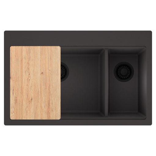 HD Aspen Antracit 78 kétmedencés gránit mosogatótálca, vágódeszkával, matt antracit színben, matt fekete leeresztő szifonnal