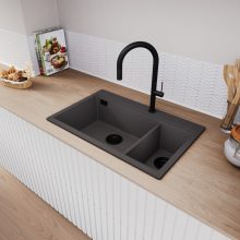 HD Aspen Antracit 78 kétmedencés gránit mosogatótálca, vágódeszkával, matt antracit színben, matt fekete leeresztő szifonnal