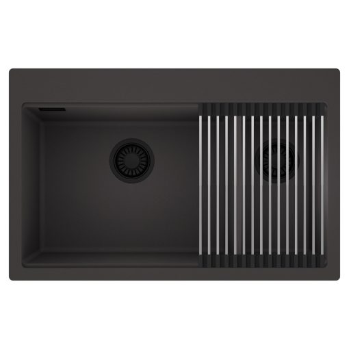 HD Aspen Antracit 78 kétmedencés gránit mosogatótálca szett, acél csepegtetőráccsal, matt antracit színben, matt fekete leeresztő szifonnal