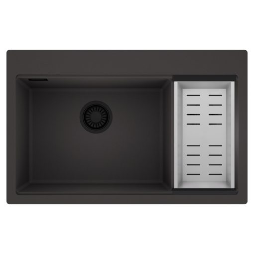 HD Aspen Antracit 78 kétmedencés gránit mosogatótálca szett, acél csepegtetőkosárral, matt antracit színben, matt fekete leeresztő szifonnal