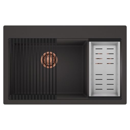 HD Aspen Antracit 78 kétmedencés gránit mosogatótálca szett, matt fekete csepegtetőráccsal és krómozott kosárral, matt antracit színben, szálcsiszolt réz leeresztő szifonnal