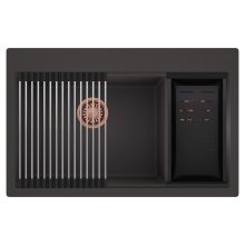HD Aspen Antracit 78 kétmedencés gránit mosogatótálca szett, acél csepegtetőráccsal és matt fekete kosárral, matt antracit színben, szálcsiszolt réz leeresztő szifonnal